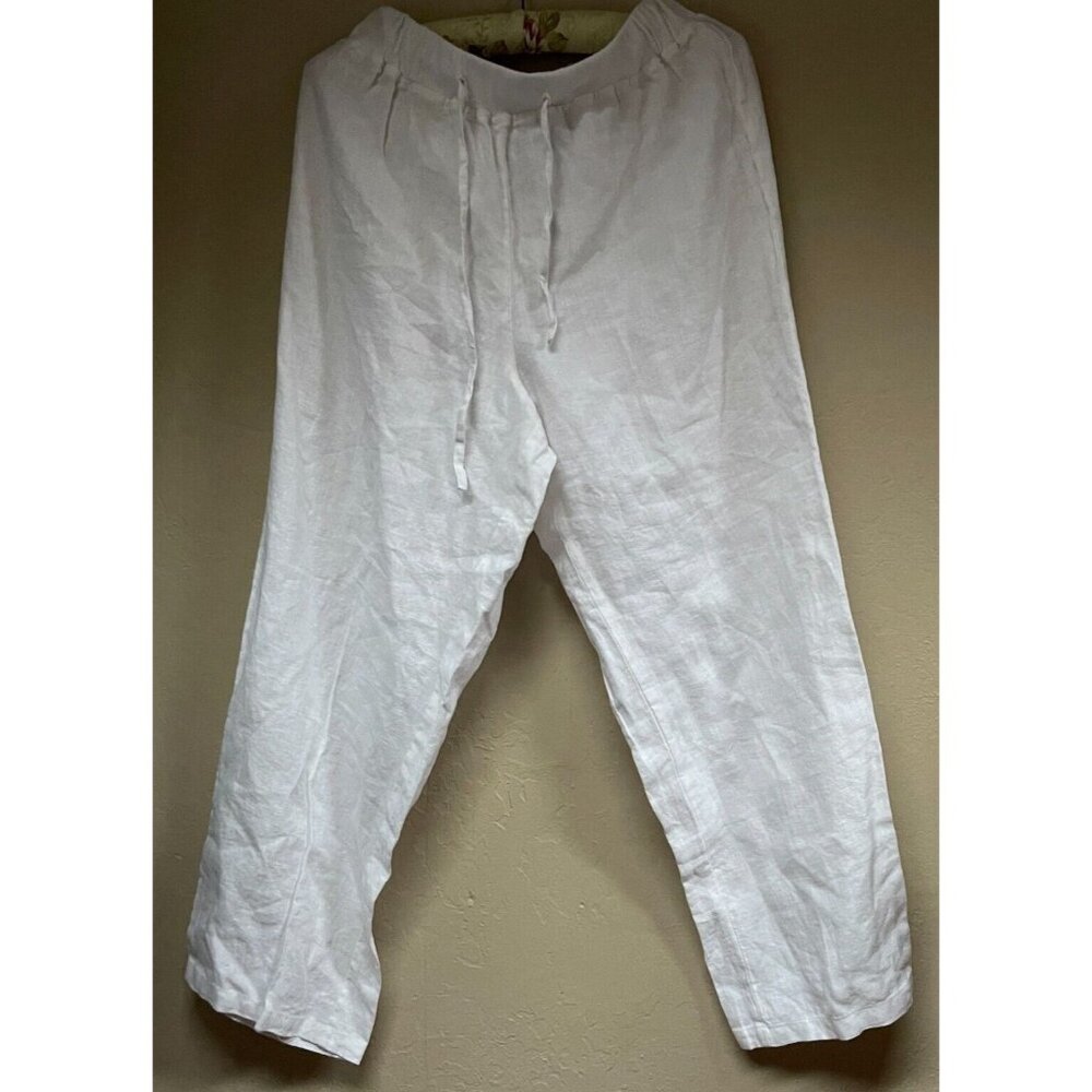 For Cynthia Womens Drawstring Linen Cropped Pants Large White Pull-On Casual